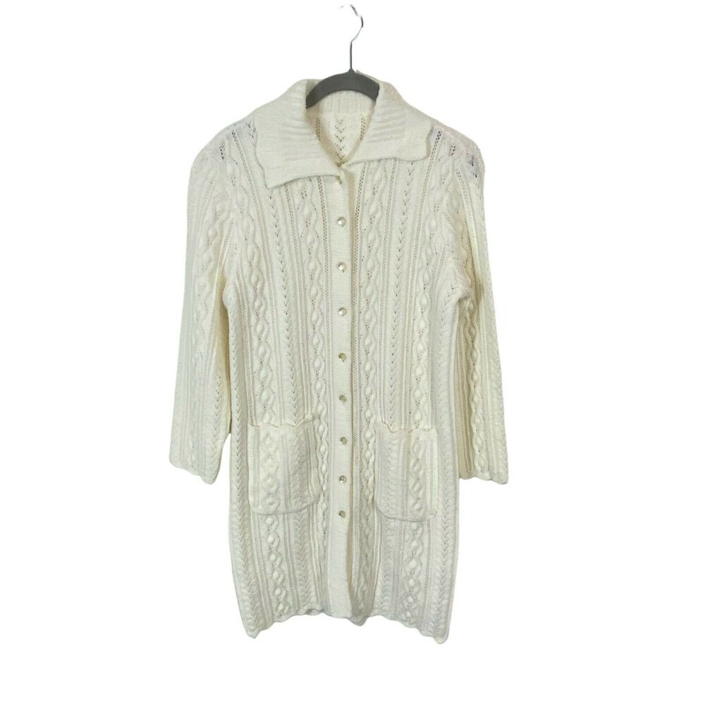 Cardigan Coat Vintage 70's Women's Cream Long Sleeve Button Front Size S/M